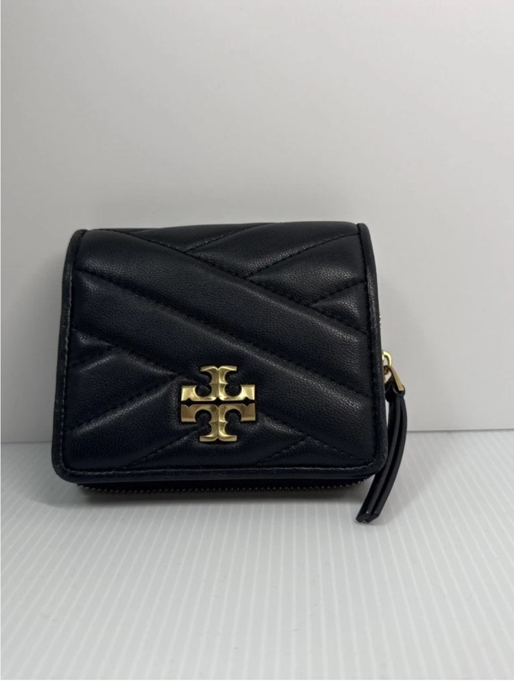 Black Quilted Small Wallet with Gold Logo